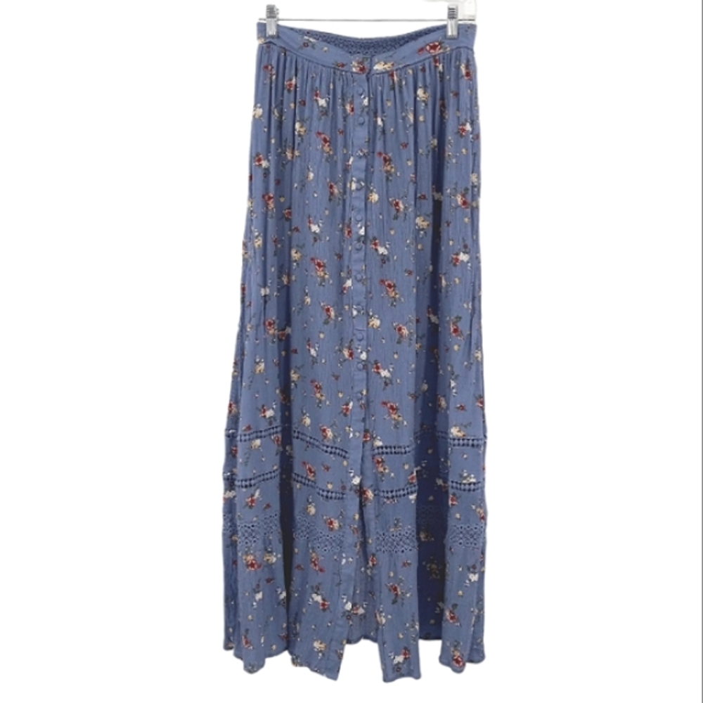 VINTAGE Cottagecore Lace Panel Detail Floral Creped Button Down Maxi Skirt S - Picture 10 of 10